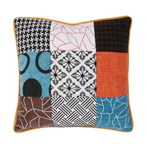 HOME DECO FACTORY, Coussin Patchwork Dehoussable 40 X 40 cm Decoration Textile, Blanc Noir Orange Turquoise Marron, Enveloppe déhoussable avec garnissage 100% Polyester
