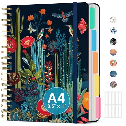 Grand carnet ligné A4 à spirale avec intercalaires amovibles et couverture rigide 5 sujets