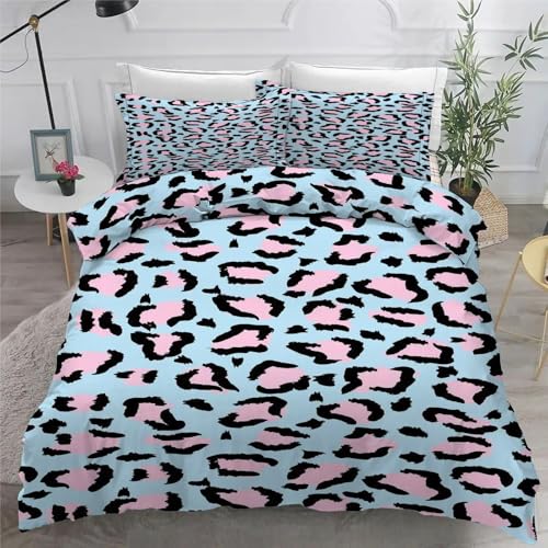Housse de couette 160x200 bleu imprimé léopard avec 2 taies d'oreiller