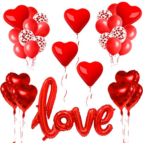 Deco Romantique Ballons 32pcs, Ballons Coeur, XXL Ballon LOVE, Ballon Confettis Coeur, Ballon Rouge, ​kit Deco Saint Valentin pour Décoration Fiancaille Anniversaire de Mariage