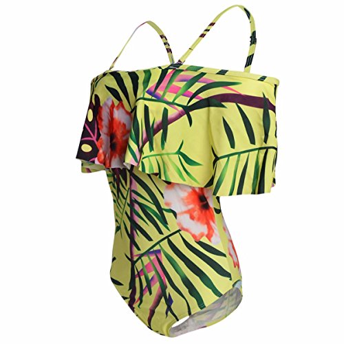 squaregarden One Piece Swimsuit for Women,Tropical Leaves Off Shoulder Flounce Ruffled Monokini Swimwear2