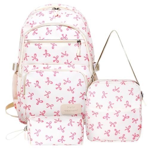 MEGETGOD Aesthetic School Bag for Girls - 3 Pcs Backpack Set with Lunchbox & Pencil Case, Cute Preppy Rucksack for Teen, Primary Secondary Middle School (Pink)