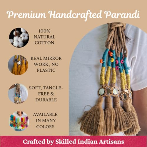 Image of Zippy Flora Handmade Boho Parandi / Paranda Traditional Hair Accessory for Women & Girls | Ethnic Braided Hair Tassels, Choti Hair Extension, Decorative Braid Jewelry for Festive & Wedding Hairstyles (Neelima Dark Beige)