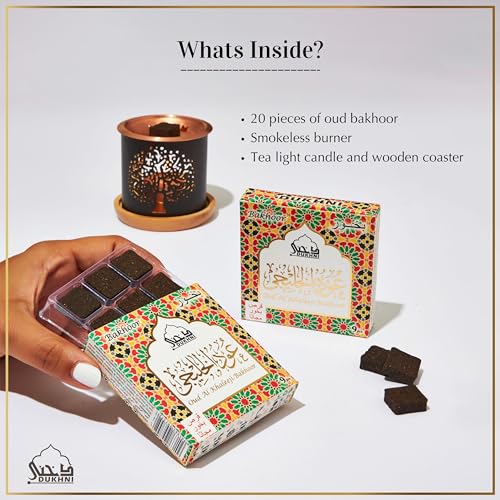 Image of Oud Al Khaleeji Bakhoor Set عود بخور و مبخرشمعدان by Dukhni | 2 x 9 Piece Each & Tree Bakhoor Burner | Arabic Bakhoor Incense | Deep Oud Blend | Perfect for Prayer Time | to Relax & Meditate
