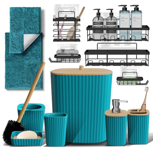 Clara Clark Bathroom Set - Teal Bathroom Accessories Set, 6PC Bathroom Accessory Set, Bathroom Sets with Bathroom Rugs, Adhesive Corner Shower Caddy Hanging, Toilet Brush, Trash Can & Soap Dispenser