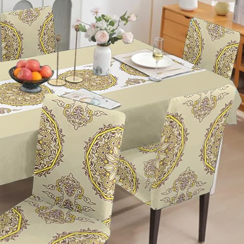 Image of Amazon Basics Dining Table Cover with 6 Chair Covers|Table Cover: 100% Polyester Woven Fabric 140 GSM, 220Cm X 140Cm|Chair Cover: 95% Polyester & 5% Spandex 110 GSM, 50Cm X 40Cm|Beige, Rectangular