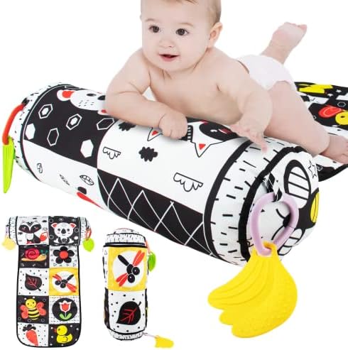 Inbeby Tummy Time Pillow & Crinkle Mat 2 in 1, Black and White High Contrast Baby Toy with Mirror & Teethers, Vision Sensory Tummy Time Baby Toy Gift for Newborn Infant 0 3 6+ Months (roller)