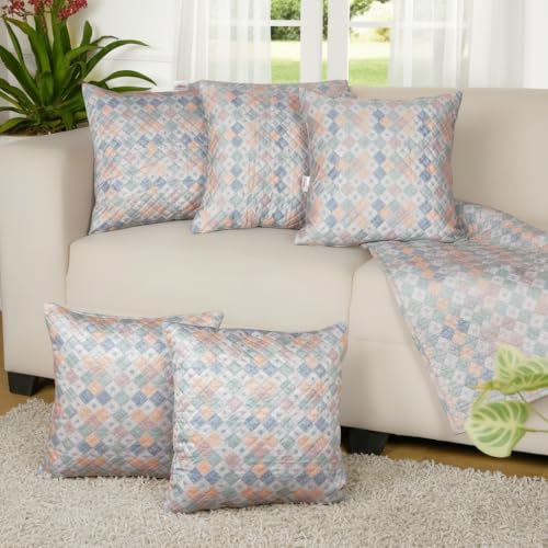 Image of STITCHNEST 'QuadraNest' Series Printed Quilted Velvet Cushion Cover 16x16 Inch Set of 5 | Premium Soft Fabric, Washable & Fade Resistant | Decorative Living Room Cushion Covers | Serene Pastel Check