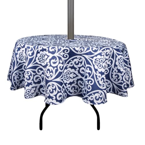 youngseahome Outdoor Tablecloth Water Resistant Polyester Fabric Summer Table Cover with Zipper Umbrella Hole for Picnic/Party/Dinner/Patio Garden (60Inch Round,Damask Blue)