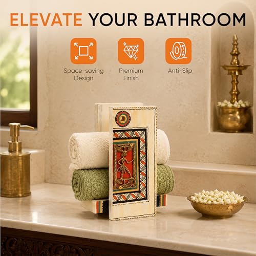 Image of Aakriti Art Creations Abstract Art Wooden Towel Holder | Wise Owl Hand-Painted Wall Painting | Matte Finish Brown Wall Mounted Towel Holder for Bath & Wash Area
