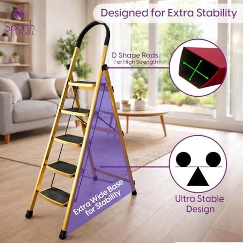 Image of Sparsh Pearl Steel Ladder for Home 5 Steps Foldable with Anti-Skid Wide Steps | 5 Step Ladder for Home Use with D-Shape Rods | Secure Lock | 150 Kg Capacity Folding Ladder | 5 Year Warranty (Gold)