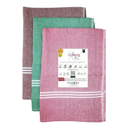 Image of Thorthu Multi Colour Cotton Kerala Bath Towel Uvc Sterlised & Double Threaded (Multicoloured Large- Pack of 3)