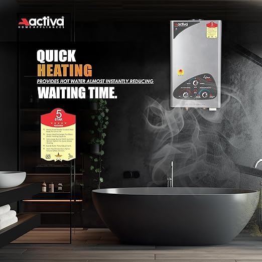 Image of ACTIVA Instant Aqua Gold LPG Gas Water Heater with Pure Copper Tank, Anti Rust Coating Geyser Saves Your GESYER from Corrosion by Water (Silver Metallic) 1 Year Warranty