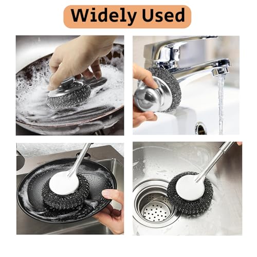 Image of Steel Wool Scrubber with Handle, Stainless Steel Pan Cleaner Scrubber with Long Short Handle Cleaning Brush Metal Scrubber with Replacement, Steel Scrubber for Dishes Tableware Home Kitchen