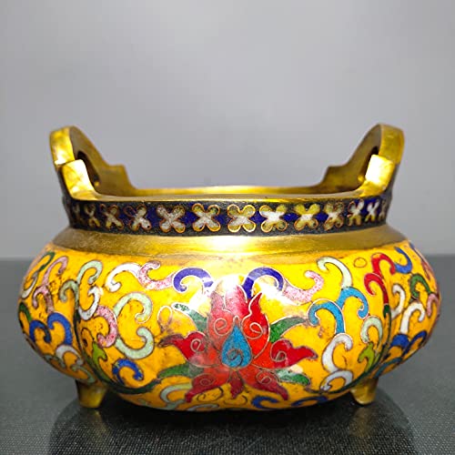 6" Chinese Temple Collection Old Bronze Cloisonne Enamel Three-Legged Binaural Pumpkin Incense Burner Ornaments Town House #TOP1
