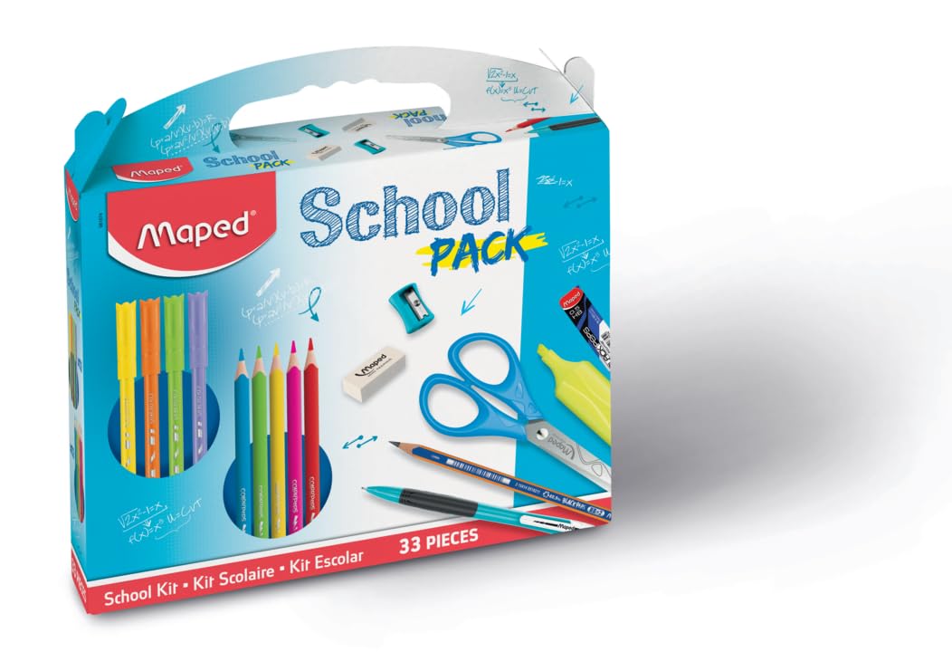 Maped - School Pack of 33 - Coloured Pencils + Felt-Tip Pens + Graphite Pencils + Mechanical Pencil + Mechanical Pencil Case + Highlighter + Eraser + Sharpener + Pulse Scissors - For Children 4 Years