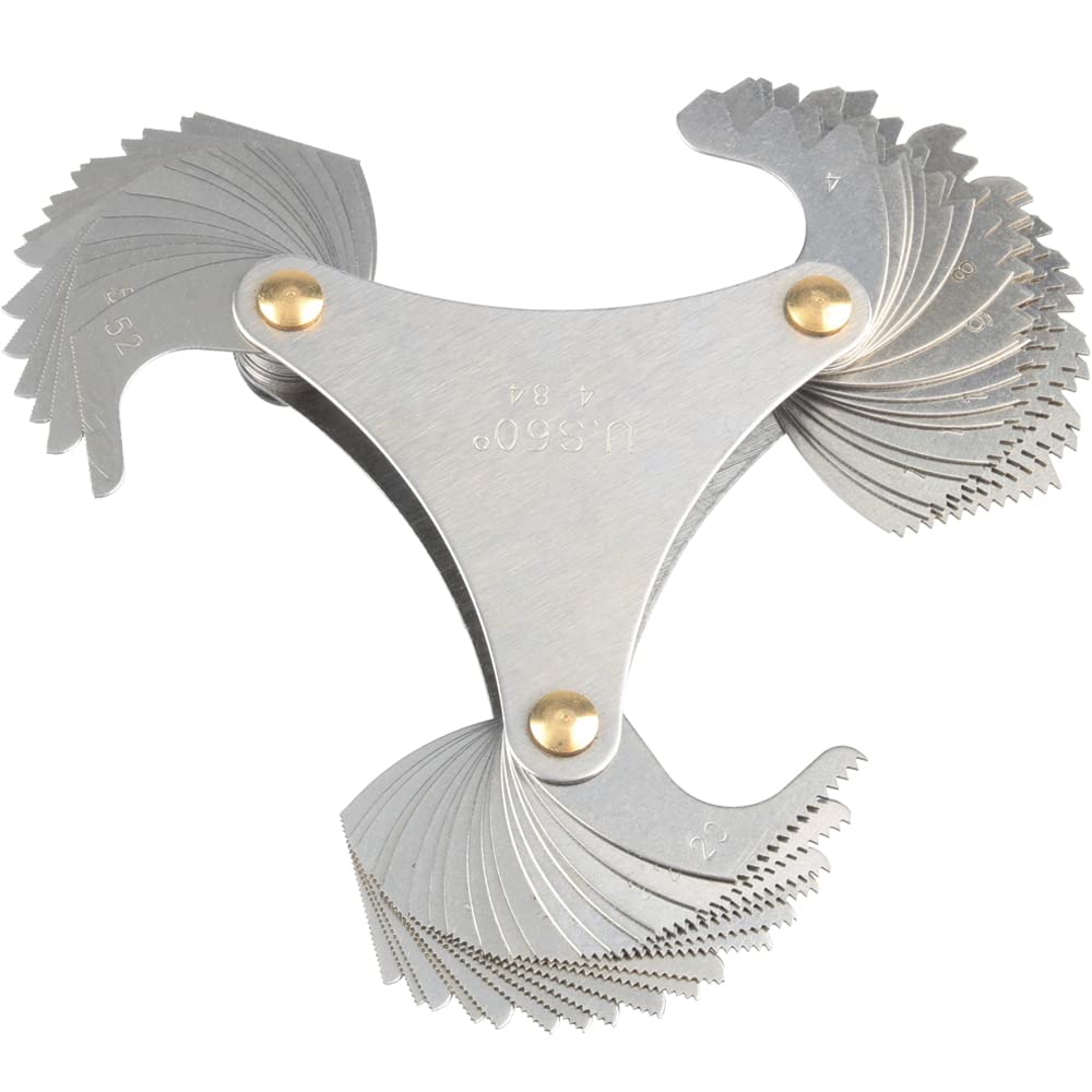 Mesee Jauge de Prise de Filetage Pliable Inox, Jauge à Pas de Vis 60° Americaine en Acier Inoxydable, Jauge de Filet de 60 Degrés Outil de Mesure Calibres de Filetage avec 51 Lames