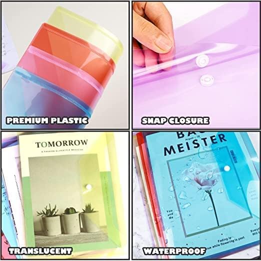 Image of Transparent Document Folder - Side Opening Colored Poly-Plastic File Storage Bag with Snap Button - A4 & Legal Size Document Folder for Certificates, Plastic File Organizer - Set of 20