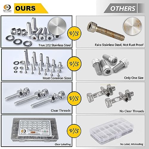 Image of Epi-torque Stainless Steel 202 Grade Flat Socket Head Cap Screw Internal Hex M4 Thread Size Counter Sunk Full Thread Machine Screws Nuts & Bolts Assortment With Matching Hex Nuts, Flat Washer & Allen Keys Pack Of 495 Pcs Pack