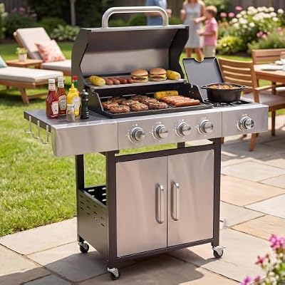 Aoxun 4-Burner Propane Grill with Side Burner, 49000 BTU Stainless Steel Gas Grill, Cast Iron Grates & Side Tables for Backyard Patio Camping, Slivery