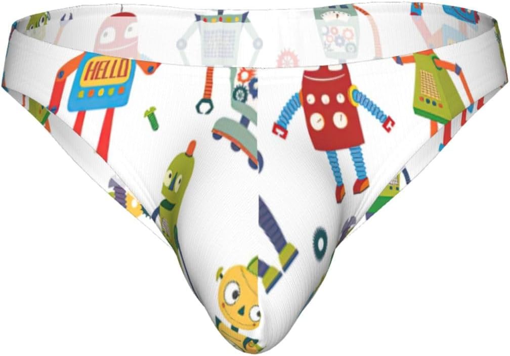 Cute Cartoon Robots Print Briefs For Men Low Rise Mens Underwear With Pouch Cozy Stretch Mens Bikini Briefs S To 4xl