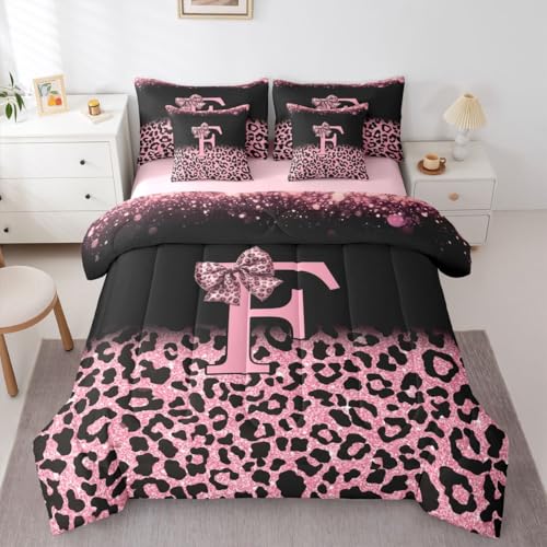 Image of Feelyou Girls Bow Comforter Set with Sheets 7 Piece Full Size Glitter Leopard Print Bed in a Bag Kids Boys Girls Initial Letter F Bedding Set Bedroom Decor Breathable Soft Lightweight Microfiber