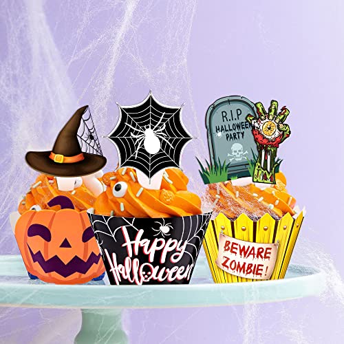 164Pcs Halloween Cupcake Toppers Wrappers - Spider Web Pumpkin Zombie Hand Cake Party Decorations Supplies #TOP6