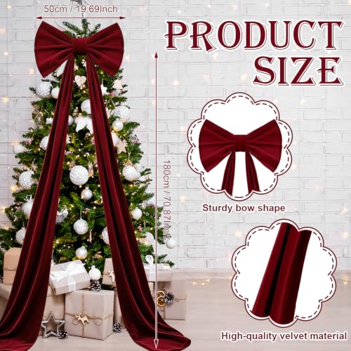 20 x 71 Inch Extra Large Velvet Bows for Christmas Tree - 1 Pack Giant Velvet Bow Christmas Tree Topper Decor with Long Streamers for Xmas Tree Front Door Home Party Bow Ornaments (Burgundy) - image 2