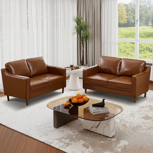 Image of Kingfun 60 inch Faux Leather Sofa, Loveseat Couch, Mid Century Modern Love Seat Couches with Solid Wood Frame for Living Room Bedroom