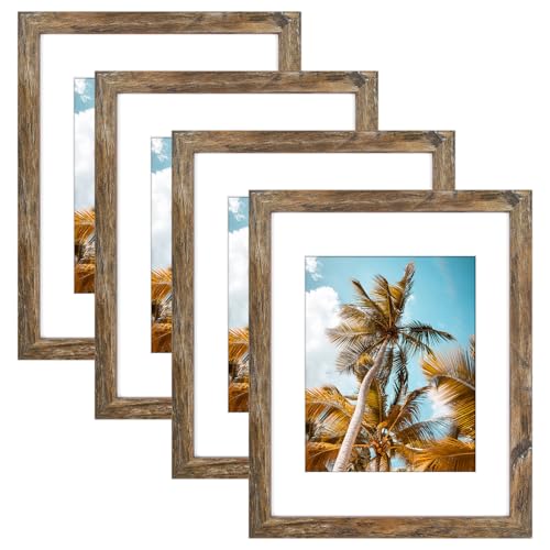 Image of Frametory, 11x14 Picture Frame With Mat for 8x10 Picture - High Definition Glass Wide Molding - Preinstalled Wall Mounting Hardware (Rustic Brown, 4 Pack)