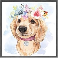SIGNWIN Framed Canvas Wall Art Nursery Golden Retriever Dog with Pink, Blue Flowers Animals Wildlife Watercolor Impressionism Modern Portrait Fun for Living Room, Bedroom, Office - 16
