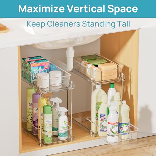Image of Vtopmart 2 Pack Higher Bathroom Organizer, 2 Tier White Under Sink Organizers Vanity Countertop Storage Container,Cabinet Drawers Bins, Pull-Out Organization with Track for Pantry, Kitchen