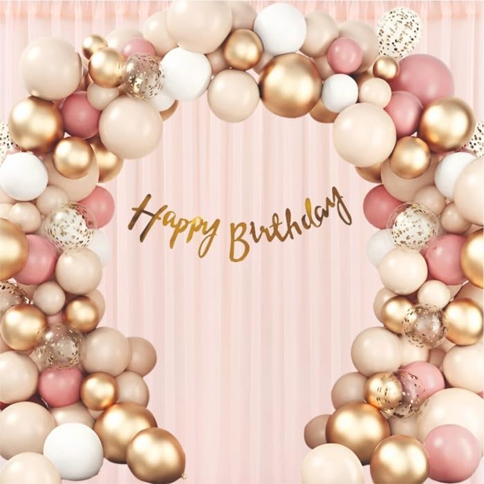 Image of Happy Birthday Decoration Kit for Girls - 58 Pcs Golden Chrome, White & Dusty Pink Balloon with Banner | Happy Birthday Banner For Decor | Birthday Decorations for Wife