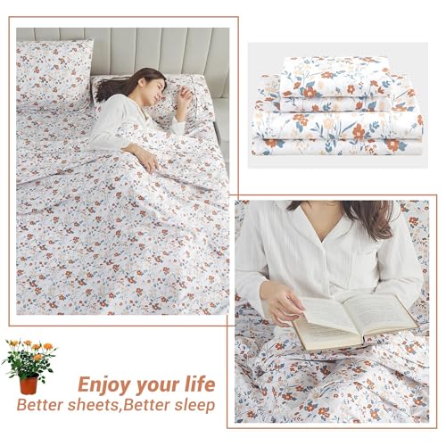 Image of Softan Floral Queen Sheet Set Orange Flower Printed Bed Sheets - 4 Piece Soft Microfiber Patterned Fitted Sheets with 15 inch Deep Pocket and Corner Straps, Cute Spring Sheets & Pillowcase Set
