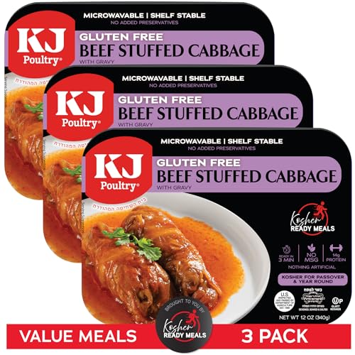 KJ Poultry Kosher for Passover Gluten Free Meals, Beef Stuffed Cabbage Rolls in Gravy (3 Pack) Prepared Entree Fully Cooked, Shelf Stable Microwave Dinner, Travel Military Camping
