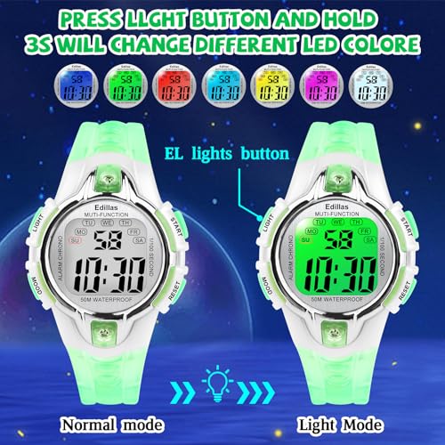 Image of Edillas Kids Watches Boys Digital, 7 Colors LED Lights Waterproof Wristwatches for Children Students Teenagers Sport Outdoor Multifunctional with Stopwatch /Alarm for Ages 5-13