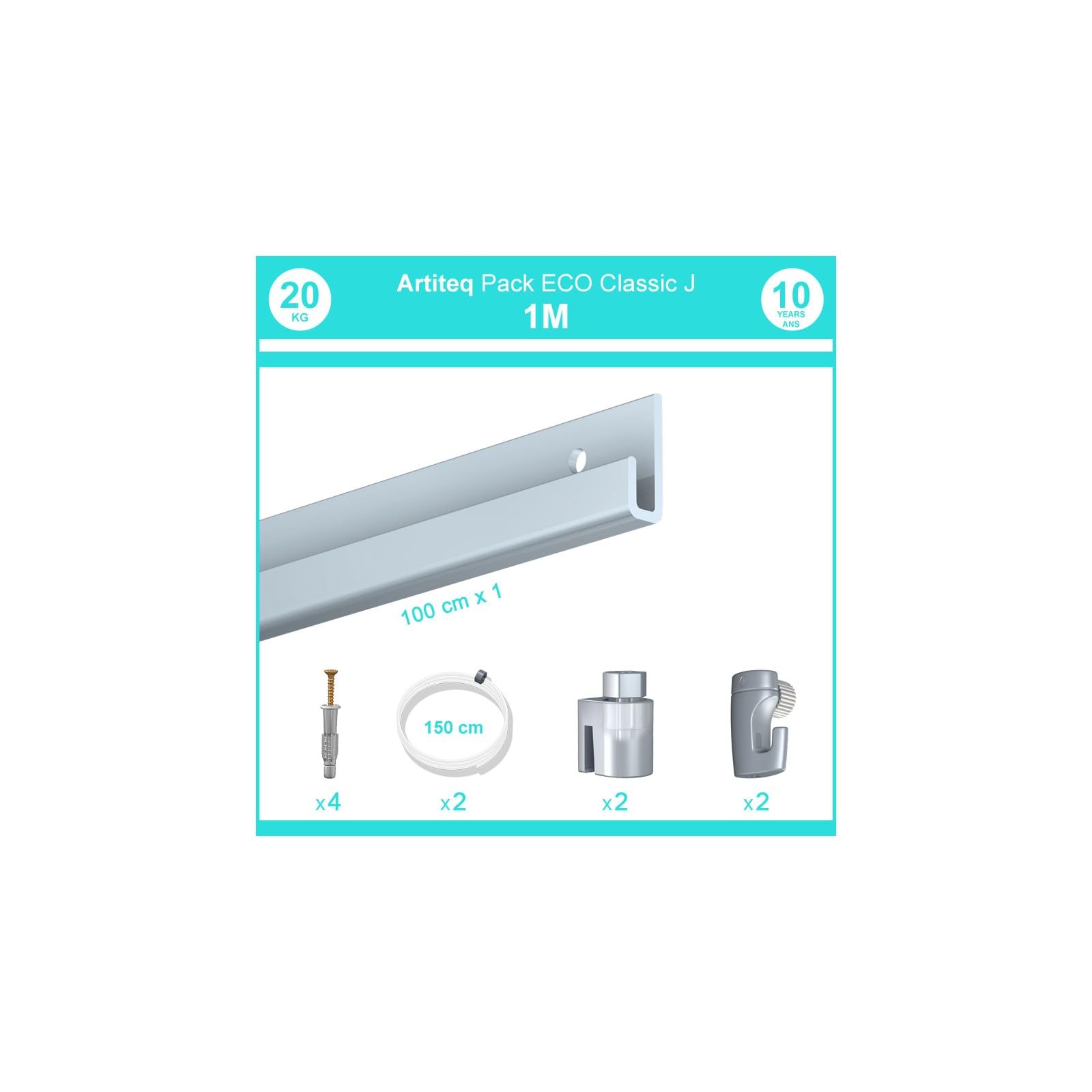 Arti Teq - Pack Cimaise Complet 1m Classic J - Accrochage cadres et tableaux | Aluminium - Argent