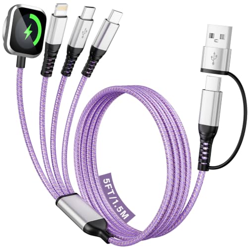 Dual Type-C 4 in 2 Multi Charging Cable for Travel with Multi USB-C Devices | Travel Cruise Essentials 2026, USB A/C with Dual USB C Cable/iWatch/IP, Designed for iWatch Series, iPhone 17-8 (Purple, 5FT)