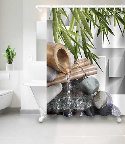LB Japanese Zen Bamboo Shower Curtain Asian Meditation Spa Zen Stone Rock Modern Shower Curtain for Bathroom, 70 x 70 Waterproof Fabric Curtians with Hooks
