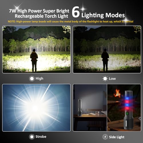Image of Philips Torch Rechargeable, 7W Magnetic Torch & Side Bright Light, 330 Lumens Emergency Flashlight, 325M Coverage, 2000mAh Battery, Telescopic Zoom, Lightweight Flash Light for Home, Camping, Hiking