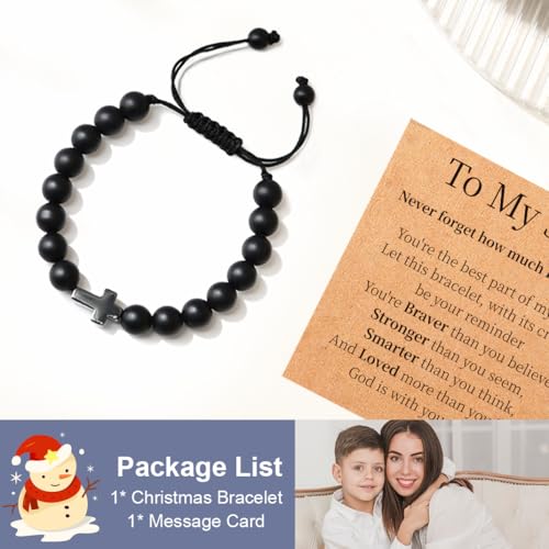 Image of Lamyba Easter Gifts for Kids /Teens /Girls, Christian Natural Stone Beaded Bracelets, Easter Basket Stuffers Essentials, Adjustable Cross Bracelets, Blue /Black
