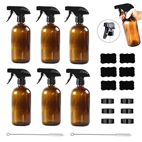 6 Pack Refillable Amber Glass Spray Bottles 16oz W/Upgraded Spray Nozzle For Essential Oils,Cleaning Solutions,Hair Care,Gardening,Alcohol Spray etc(Brown Bottles,Nozzle,Caps,Brushes & Labels Incl.)