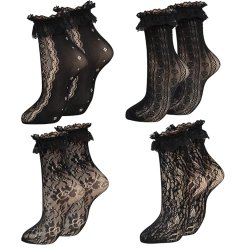 QHANSHIEE 4 Pairs Womens Lace Ankle Socks Ruffle Frilly Socks Black Mesh Lace Trim Lolita Socks Loose Slouch Sock Ankle High Sock for Women