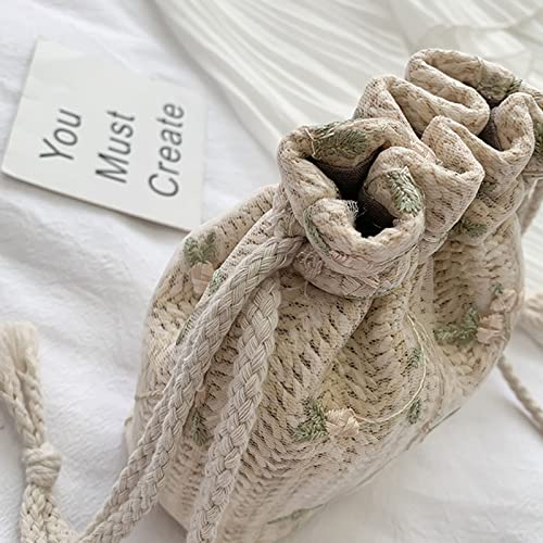 Summer Woven Messenger Bag Handbag Women Drawstring Bucket Bag Handbags Lace Straw Bag Shoulder Bag for Beach Party4