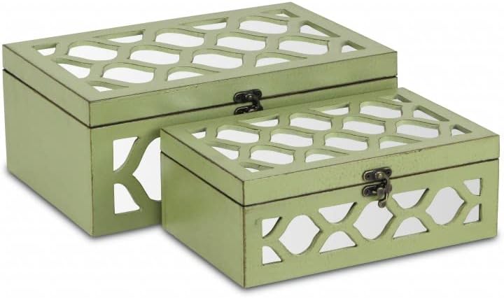 HomeRoots Set of Two Green Mirrored Glass And Solid Wood Box With Lid