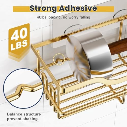 Image of OMAIRA 3-Pack Shower Caddy with Soap Holder, Adhesive Rustproof No-drill Strudy Loading Inside Shower Organizer Shelves Rack Storage Bathroom Organization for Smooth Wall Glass Tile, (Gold)
