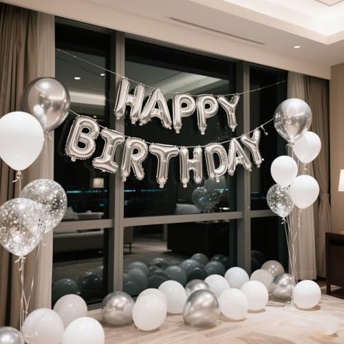 Image of Silver Happy Birthday Balloon Banner Set -16 Inch Foil Letters Balloons, Reusable Birthday Decorations and Party Supplies, Suitable for Men and Women's Birthday Decorations,Party Backdrop