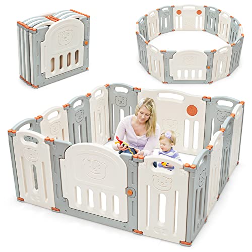COSTWAY Baby Laufstall faltbar mit 14 Paneelen, Laufgitter aus Kunststoff, Krabbelgitter mit T&uuml;r und Spielzeugboard, Spielzaun Schutzgitter f&uuml;r Baby & Kleinkinder (Beige)