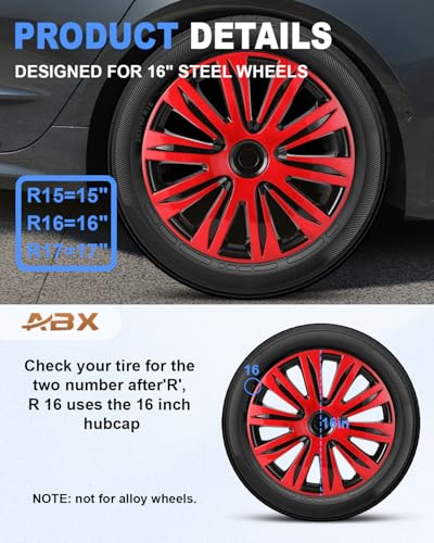 Image of ABX Hubcap Wheel Covers Hub Caps 16 Inch Set of 4 Black & Red Universal Wheel Rim Cover R16 Stylish Car Decor Wheel Covers