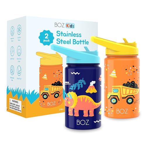BOZ Botella Agua Niños con Pajita - Botella Agua Acero Inoxidable 414 ml, Botella Térmica Aislamiento Doble Pared Sin BPA, Botella Isotérmica Antiderrame (Paquete de Dos, Construcción/Dinosaurio)